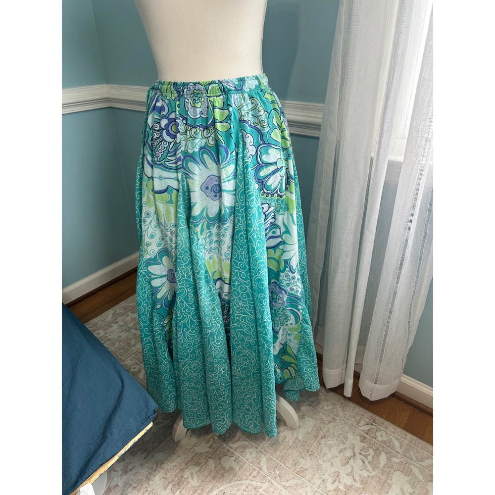 Bila Womens Teal Floral Paisley Cotton Maxi Skirt Elastic Waist Boho Size L